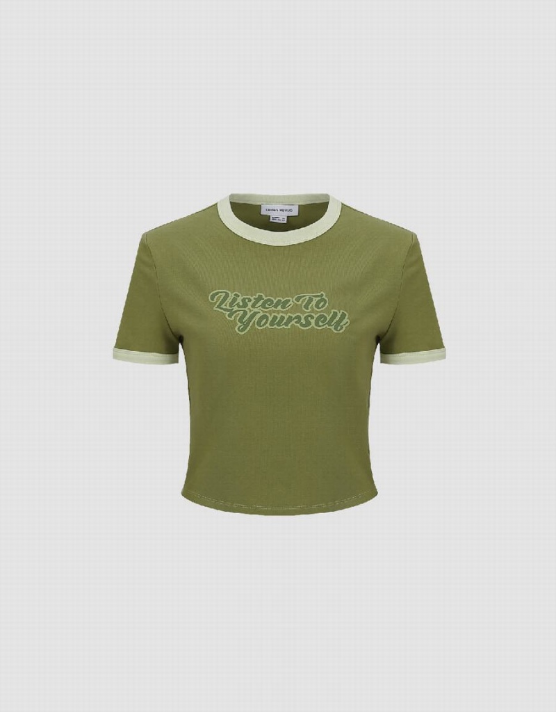 Camiseta Urban Revivo Letter Printed Crew Neck Regular Mujer Verdes | LRO4523XO