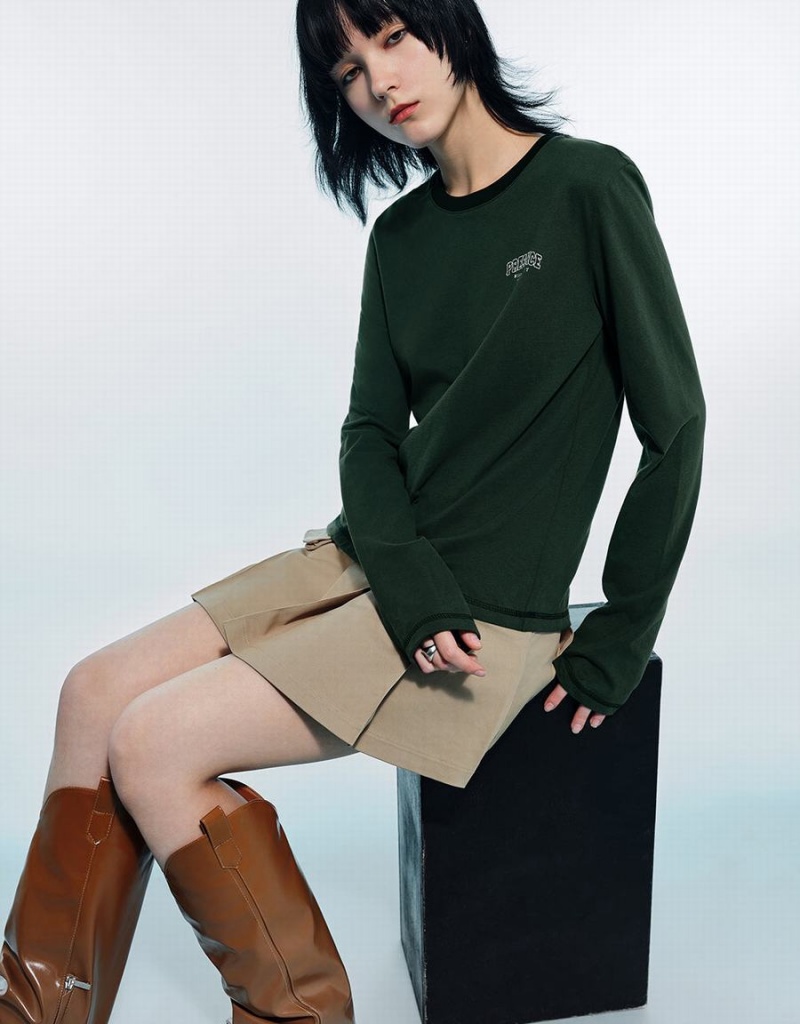 Camiseta Urban Revivo Letter Printed Crew Neck Directo Mujer Verdes | XUN4047DW