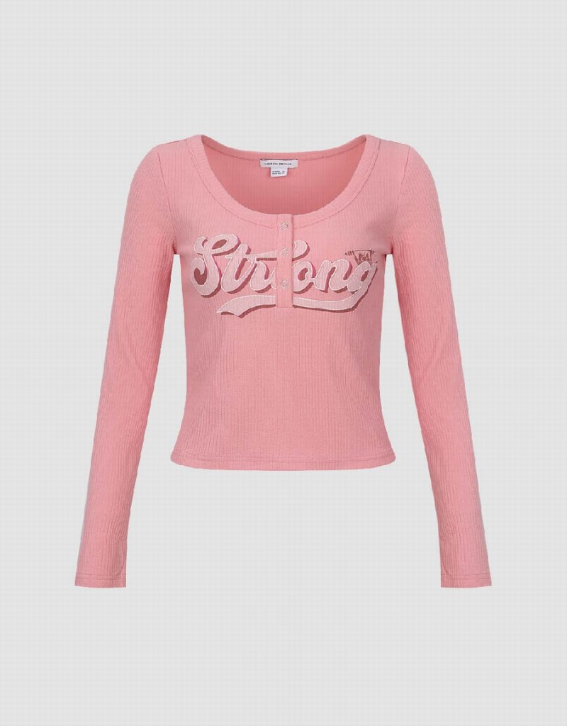 Camiseta Urban Revivo Letter Printed Crew Neck Flaco Mujer Rosas | RBG6838CV