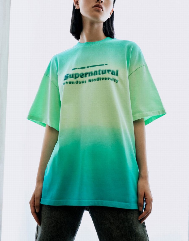 Camiseta Urban Revivo Letter Printed Gradient Mujer Verdes | TFS7399HQ