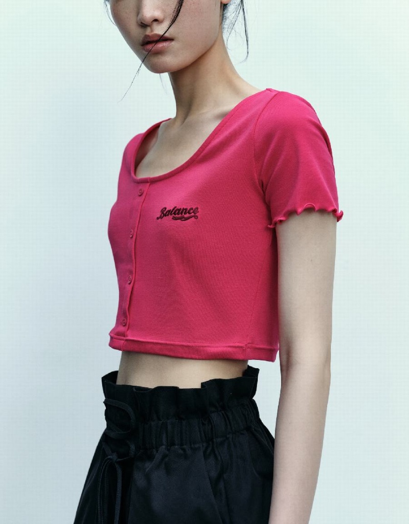 Camiseta Urban Revivo Lettuce Trim Cuff Flaco Mujer Rosas Rojos | SYJ8840KR