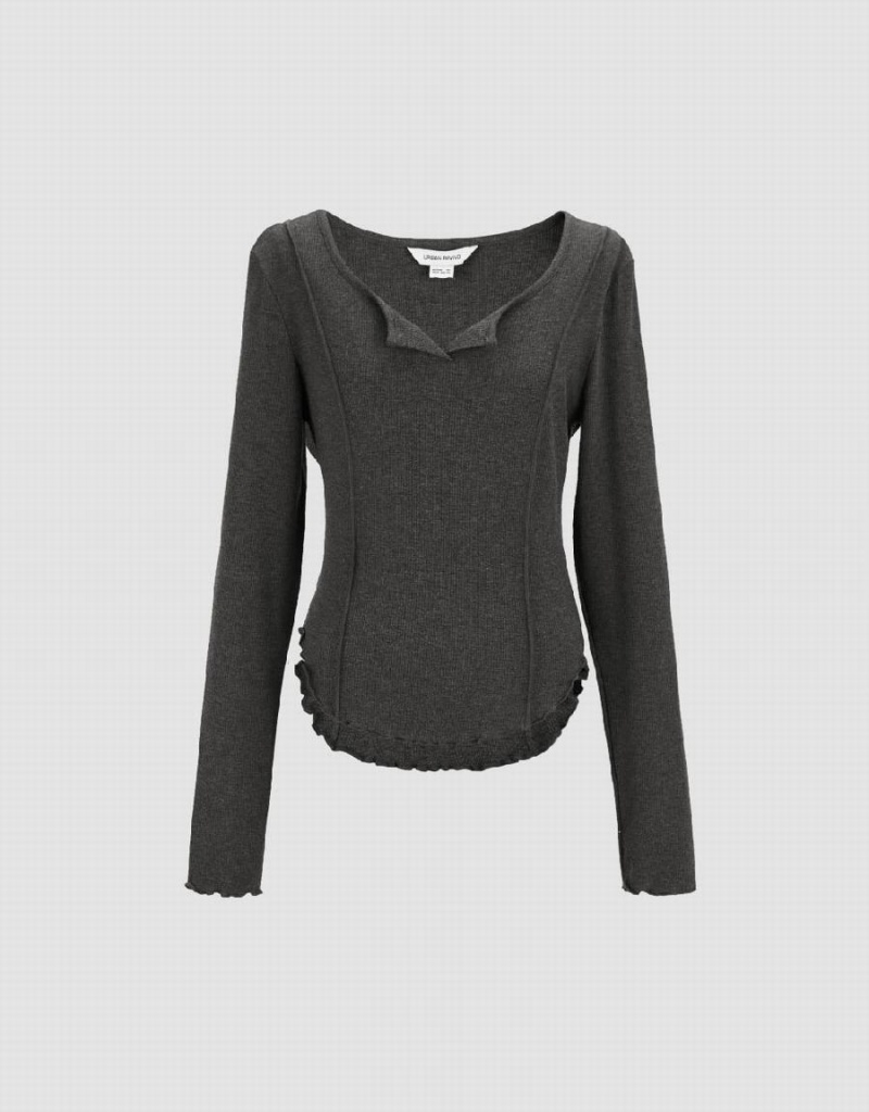 Camiseta Urban Revivo Notch Neck Flaco Mujer Grises Oscuro | HGE18ZU