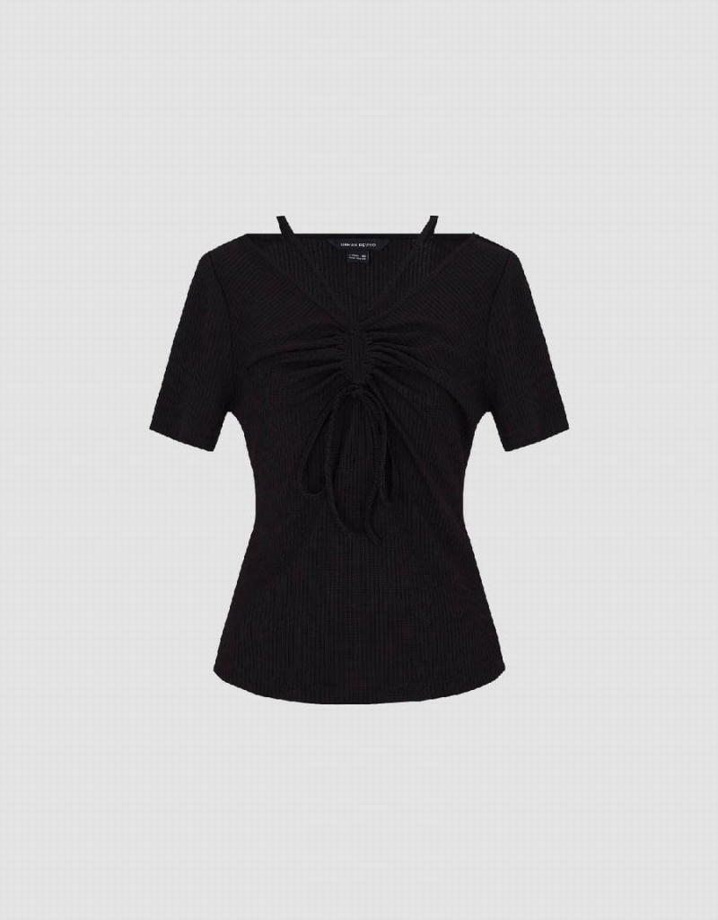 Camiseta Urban Revivo O-Ring V-Neck Flaco Mujer Negros | SDS3369DY