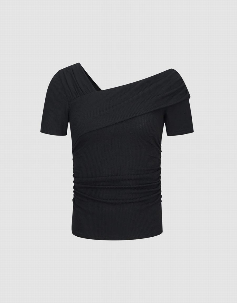 Camiseta Urban Revivo One Shoulder Flaco Mujer Negros | GKI9335PU