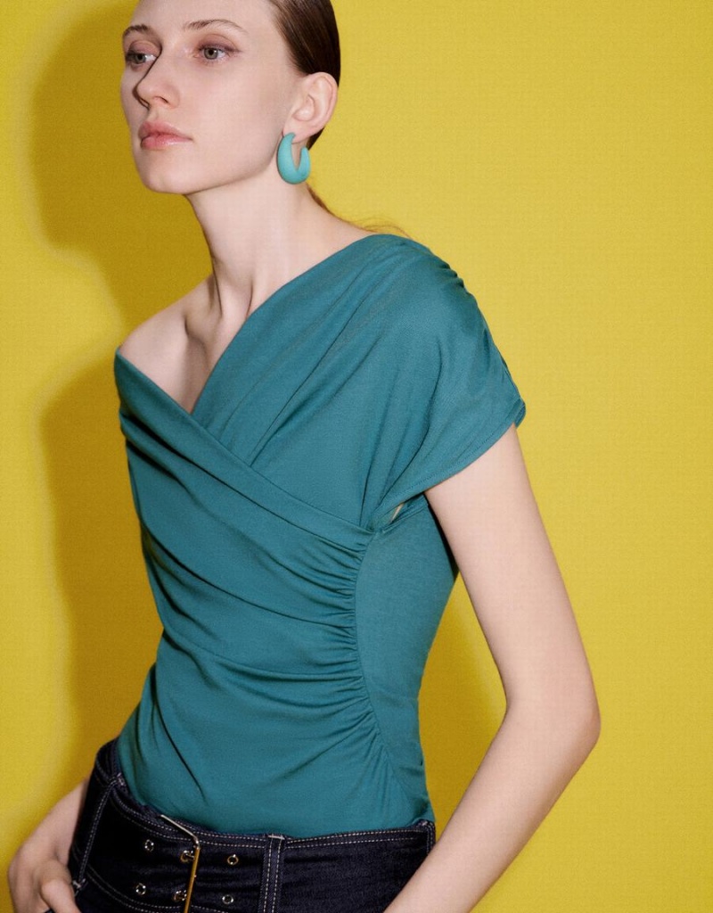 Camiseta Urban Revivo One Shoulder Flaco Mujer Verdes | CJN257VK