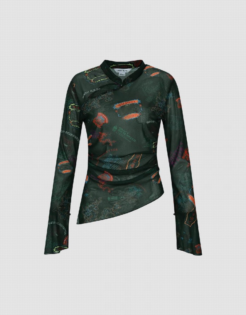 Camiseta Urban Revivo Printed Band Collar Flaco Mujer Verdes Multicolor | GGQ1378SP