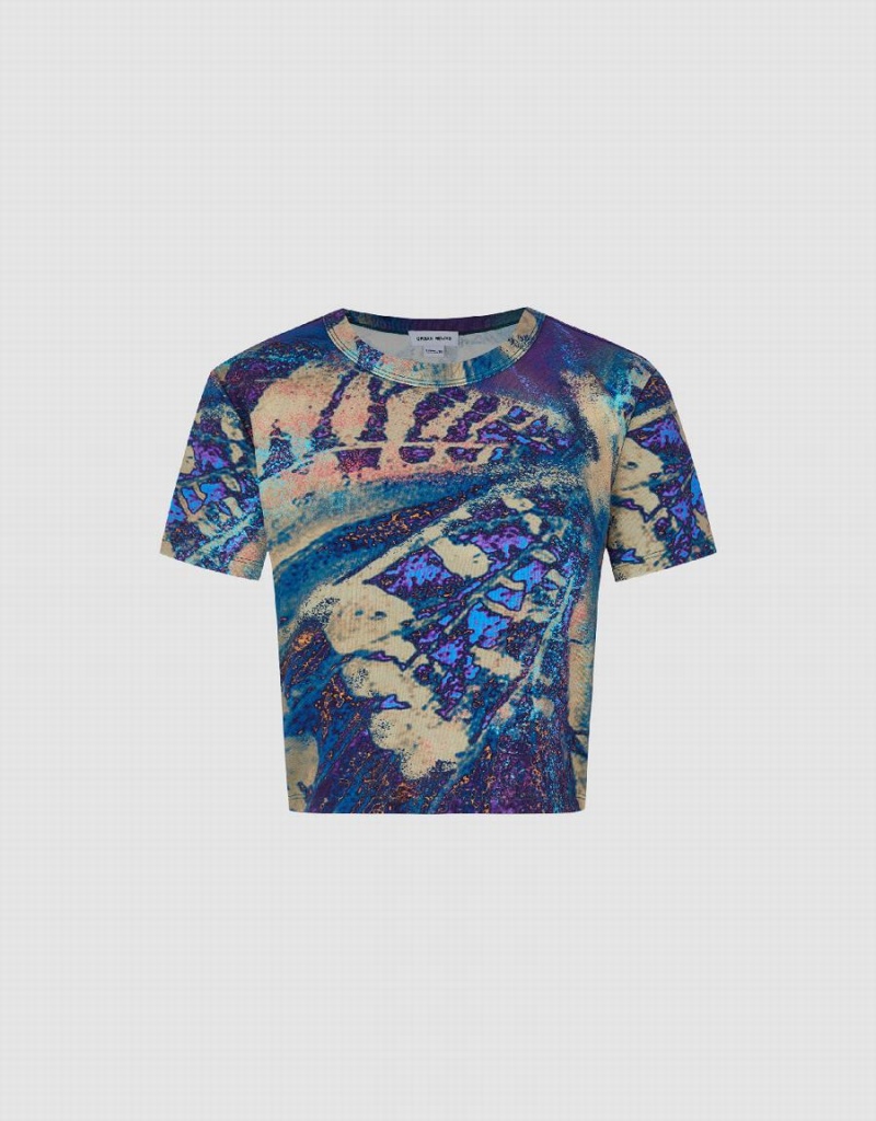 Camiseta Urban Revivo Printed Crew Neck Mujer Azules Multicolor | WQX4768BD