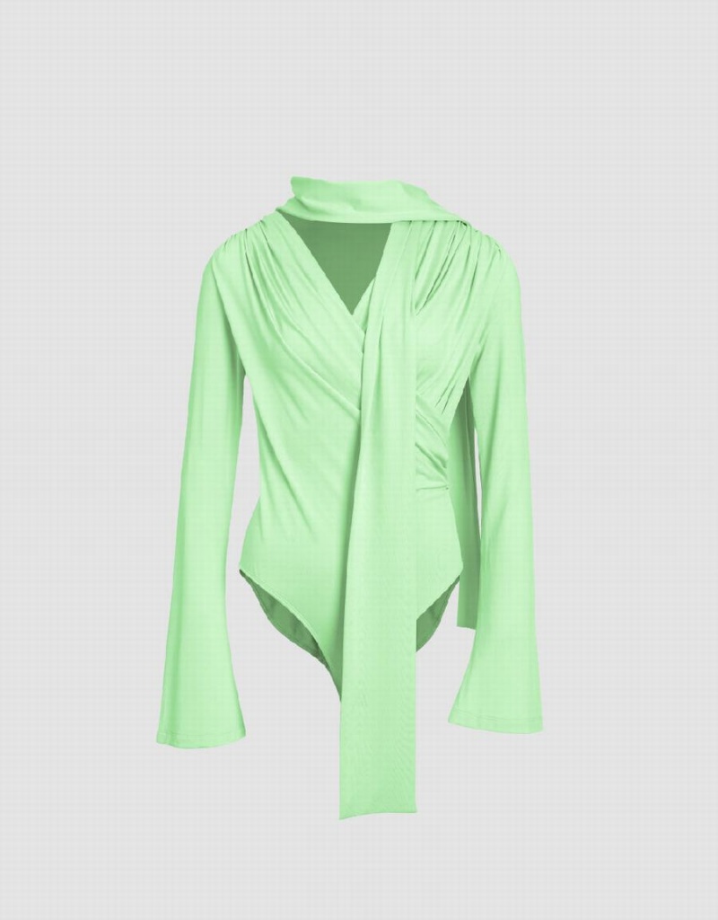 Camiseta Urban Revivo Ruched Bow Neck Flaco Mujer Verdes | XKN6078MQ