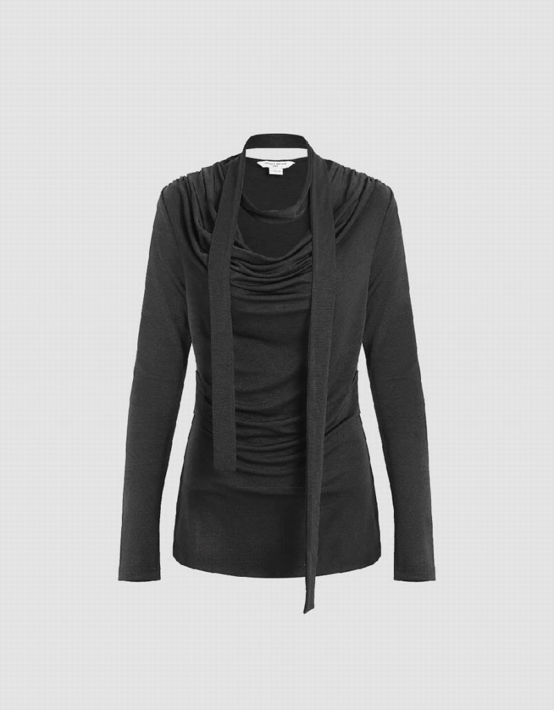 Camiseta Urban Revivo Ruched Cowl Neck Flaco With Tie Mujer Negros | LTK3944HN