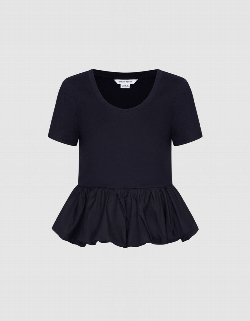 Camiseta Urban Revivo Ruffle Hem Mujer Negros | EWX7126ZH