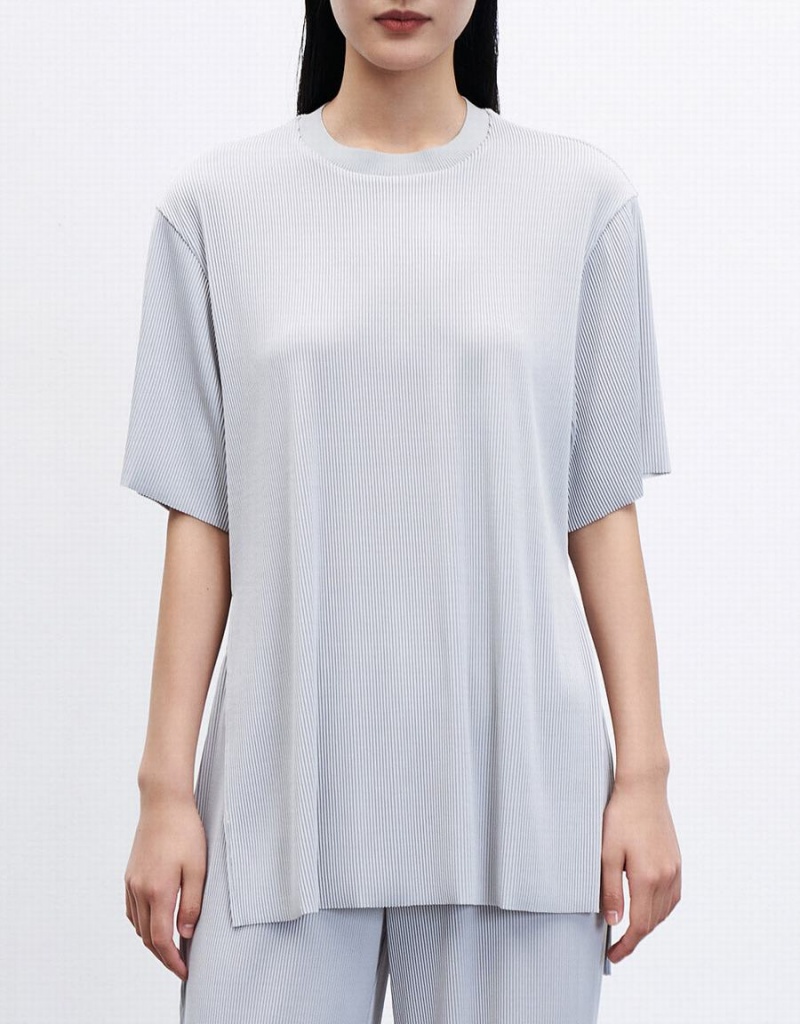 Camiseta Urban Revivo Slit Hem Textured Mujer Grises Claro | XEC1895TH