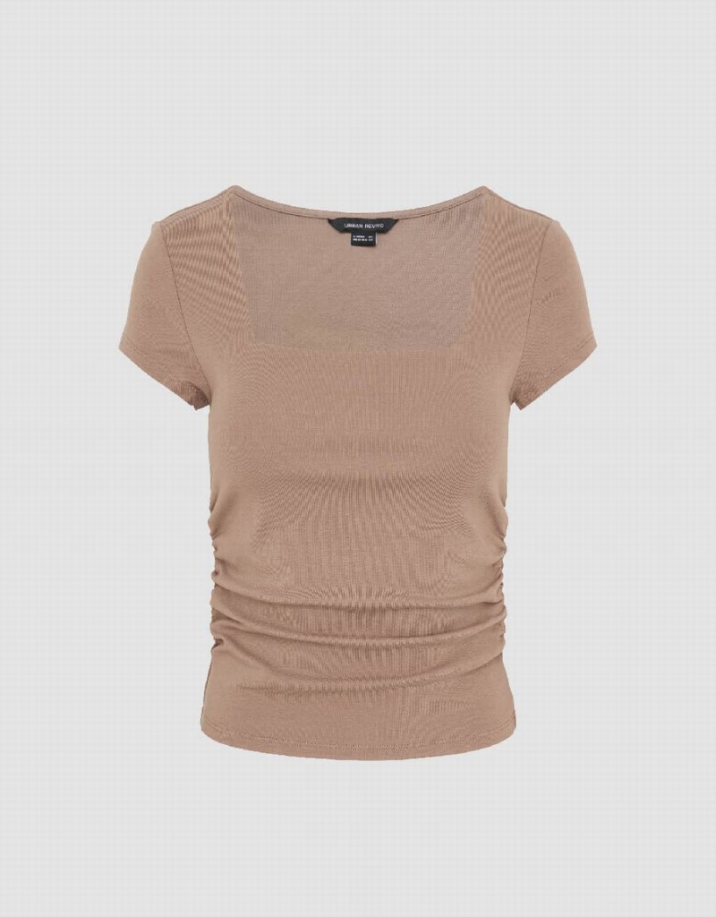 Camiseta Urban Revivo Square-Cut Collar Flaco De Punto Mujer Kaki Marrom | GVS6170NH