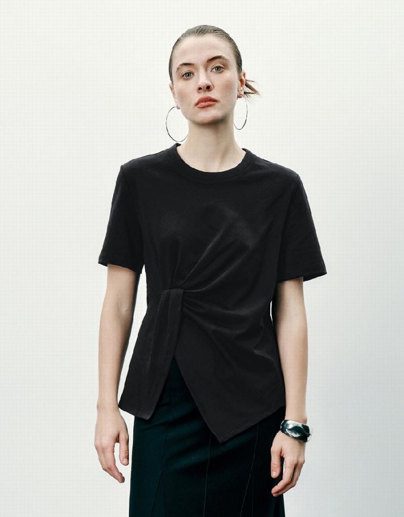 Camiseta Urban Revivo Twist Side Crew Neck Mujer Negros | ACX1007FR