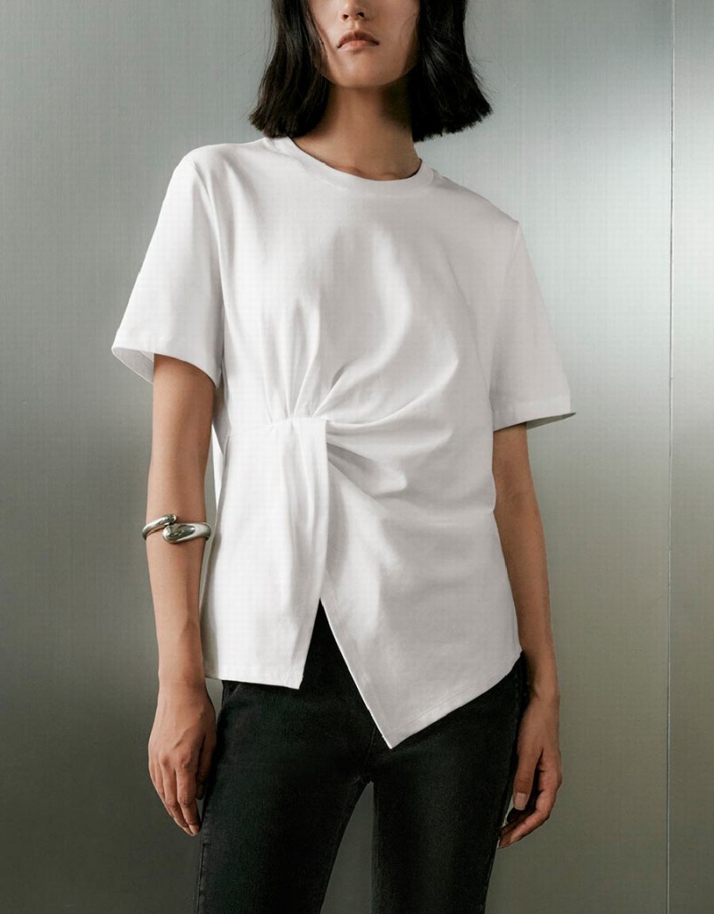 Camiseta Urban Revivo Twist Side Crew Neck Mujer Blancos | TXB8125RA