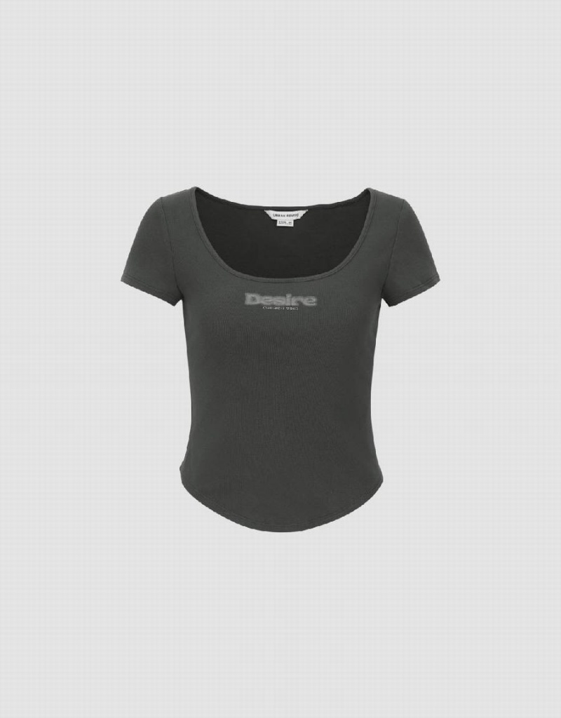 Camiseta Urban Revivo U Neck Flaco Mujer Grises | XLR5023GJ