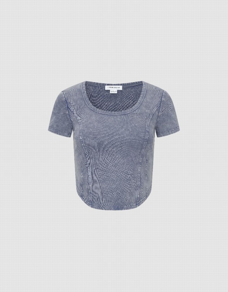 Camiseta Urban Revivo U Neck Flaco Mujer Azules | NBV8631ZX