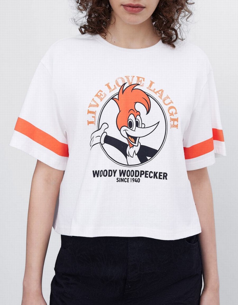 Camiseta Urban Revivo Woody Woodpecker Crop Mujer Rosas Blancos | YWQ1689KR