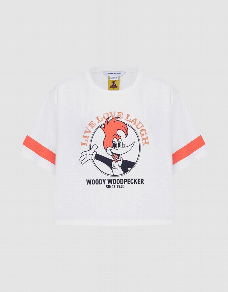 Camiseta Urban Revivo Woody Woodpecker Crop Mujer Rosas Blancos | YWQ1689KR