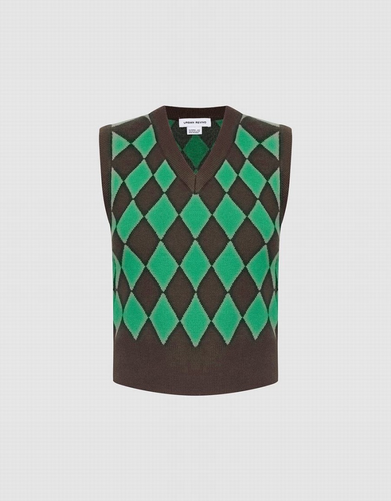 Camiseta sin Manga Urban Revivo Argyle Pattern Mujer Verdes | CHA3196XN