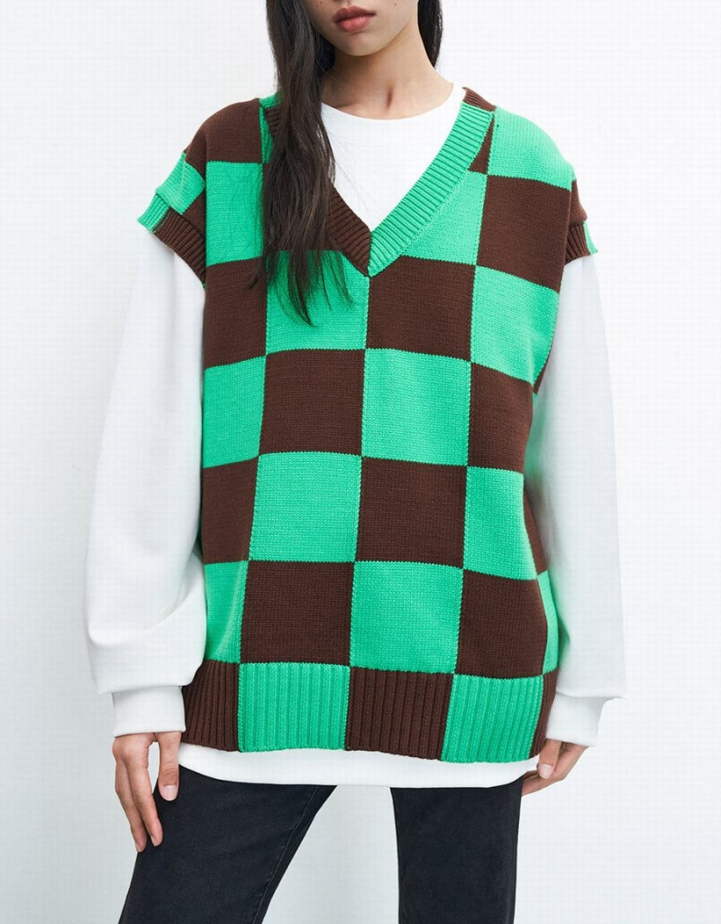 Camiseta sin Manga Urban Revivo Checkered Mujer Verdes | WOL3351NO