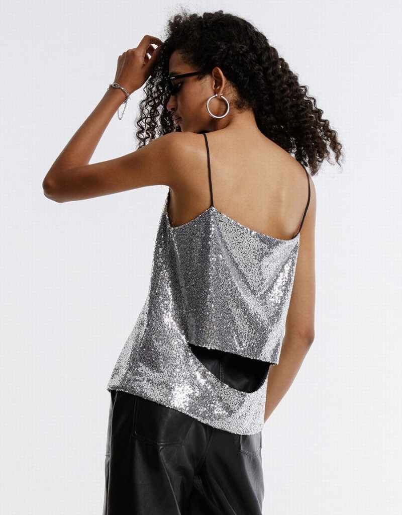 Camiseta sin Manga Urban Revivo Cut Out Back Sequin Camisole Mujer Plateados | PWB2561QY