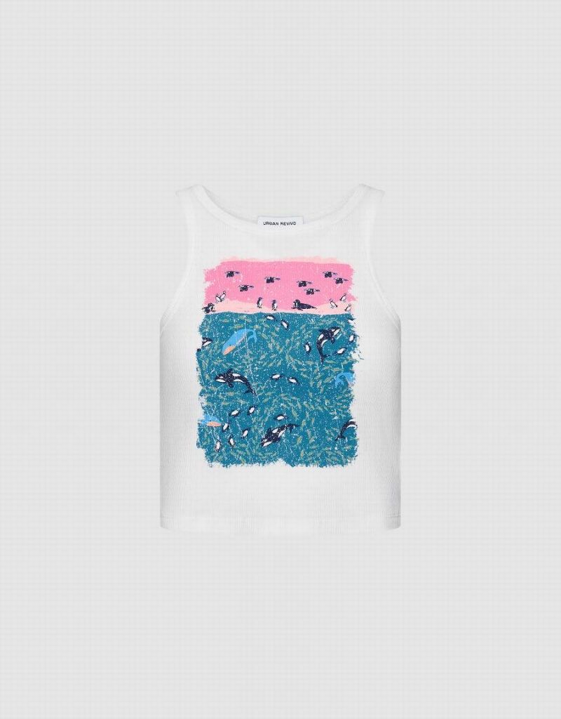 Camiseta sin Manga Urban Revivo Dolphin Printed Mujer Blancos | LPQ6188XX