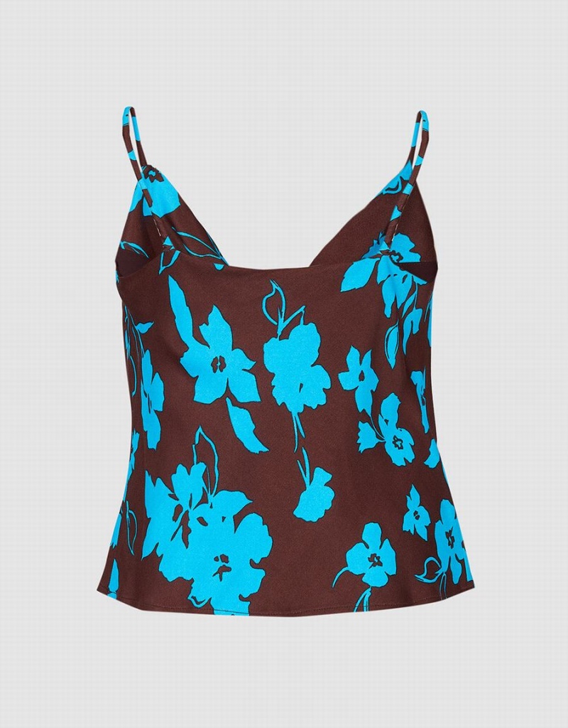 Camiseta sin Manga Urban Revivo Floral Print Cowl Neck Cami Mujer Azules | ZJA8632NI