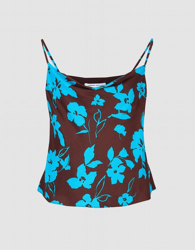 Camiseta sin Manga Urban Revivo Floral Print Cowl Neck Cami Mujer Azules | ZJA8632NI