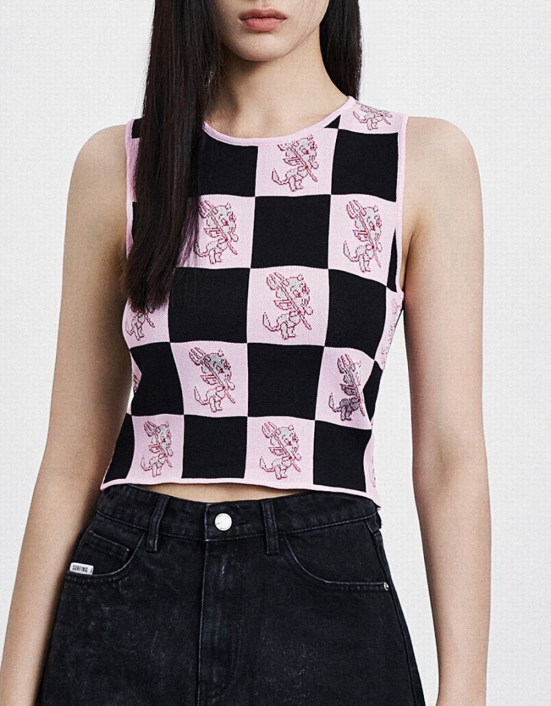 Camiseta sin Manga Urban Revivo Hot Stuff Checkered De Punto Mujer Rosas | DSY6650KF