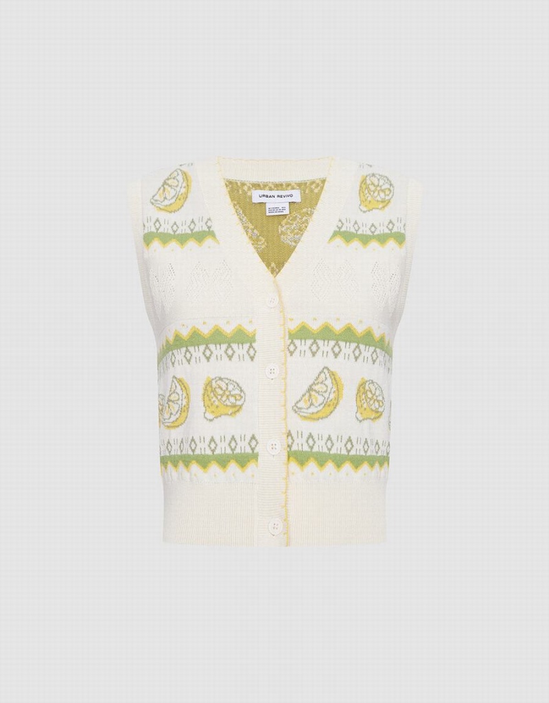 Camiseta sin Manga Urban Revivo Lemon Print Button Front De Punto Mujer Blancos | XTY5385MX