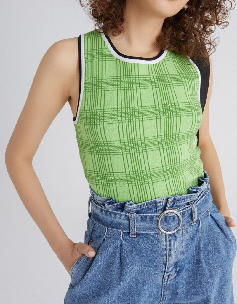 Camiseta sin Manga Urban Revivo Plaid Jacquard De Punto Mujer Verdes | FHY7067MD