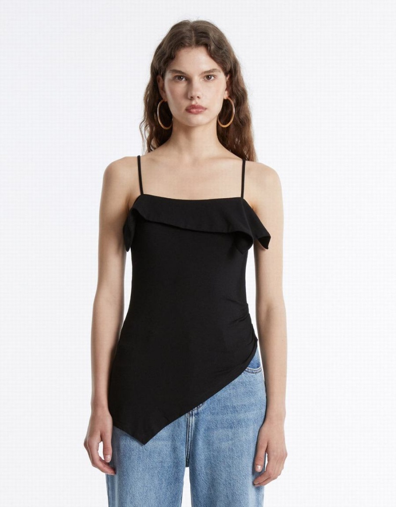 Camiseta sin Manga Urban Revivo Ruffled Asymmetric Mujer Negros | NGI6965WB