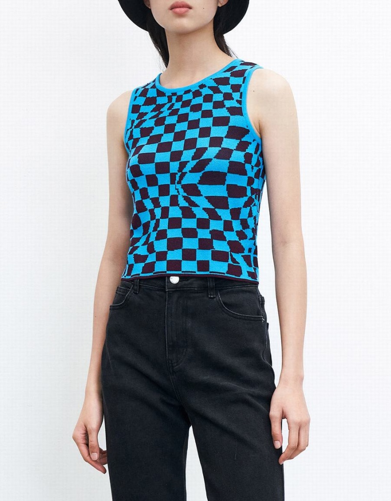 Camiseta sin Manga Urban Revivo Wavy Checkered De Punto Mujer Azules | TSF3936KL