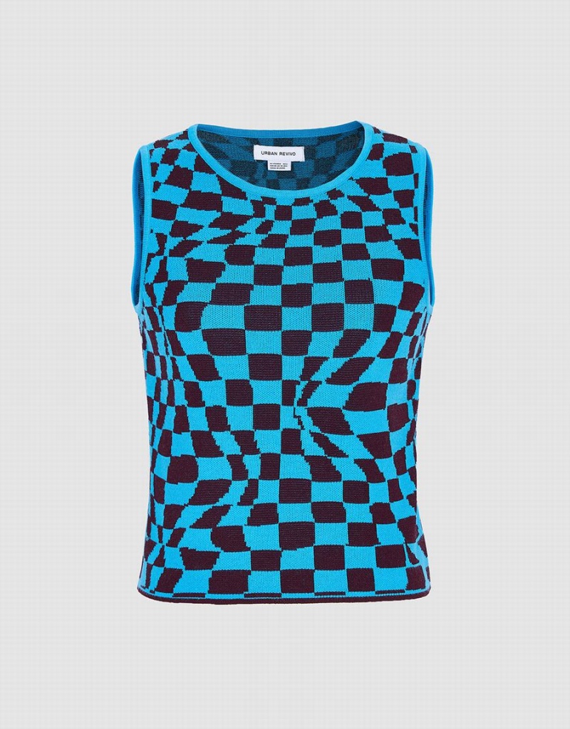 Camiseta sin Manga Urban Revivo Wavy Checkered De Punto Mujer Azules | TSF3936KL