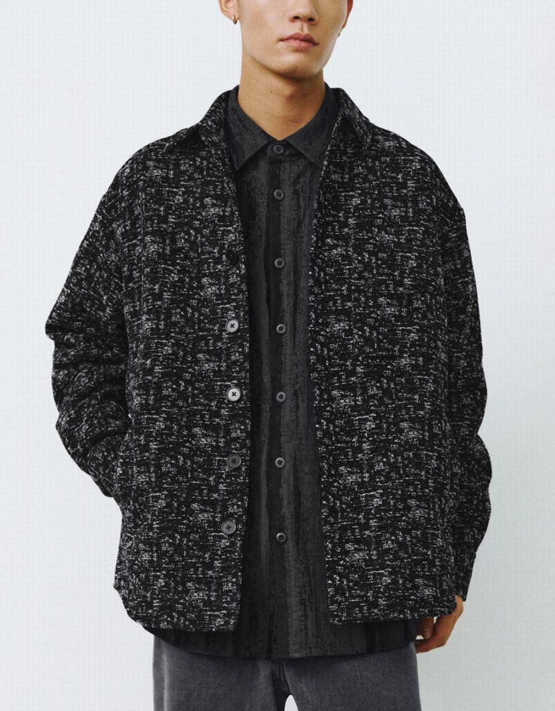 Chamarras Urban Revivo Button Up Printed Hombre Negros | CXZ1645VT