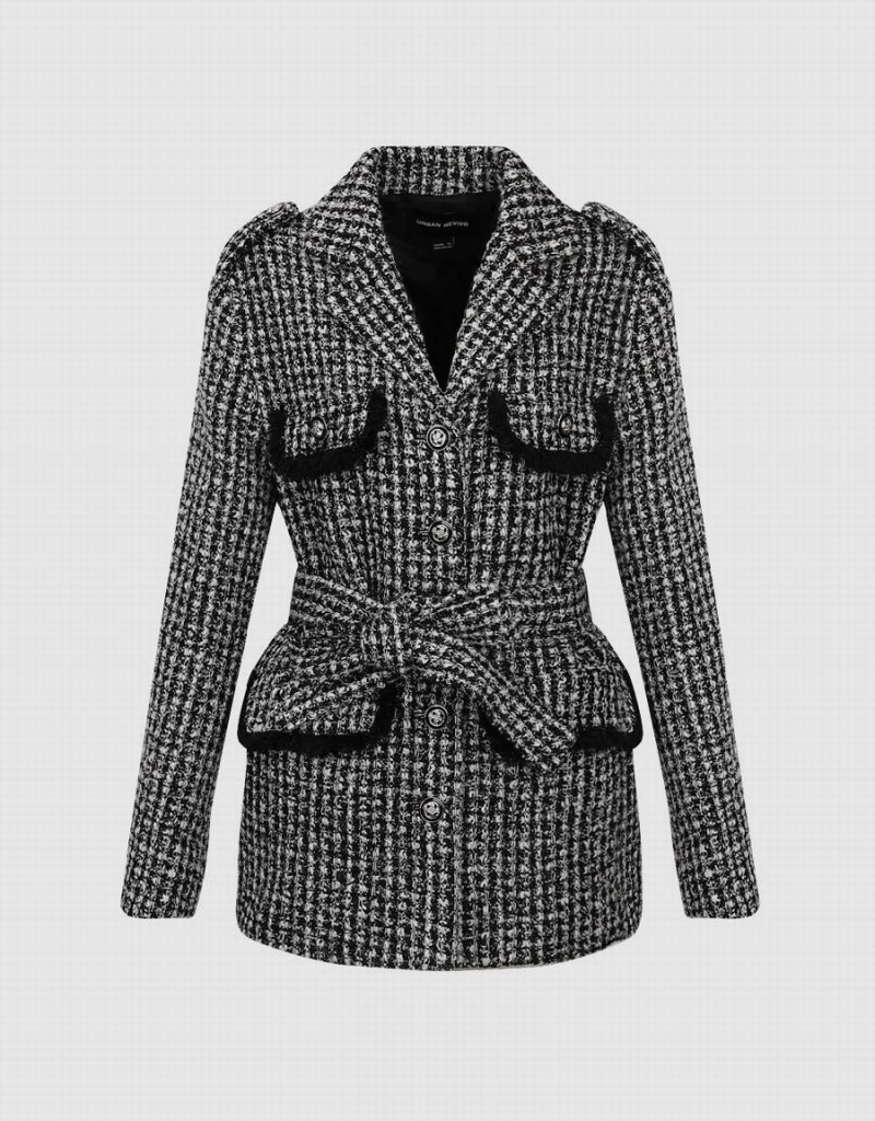 Chamarras Urban Revivo Notch Lapel Tweed With Belt Mujer Negros | KWT4488PJ