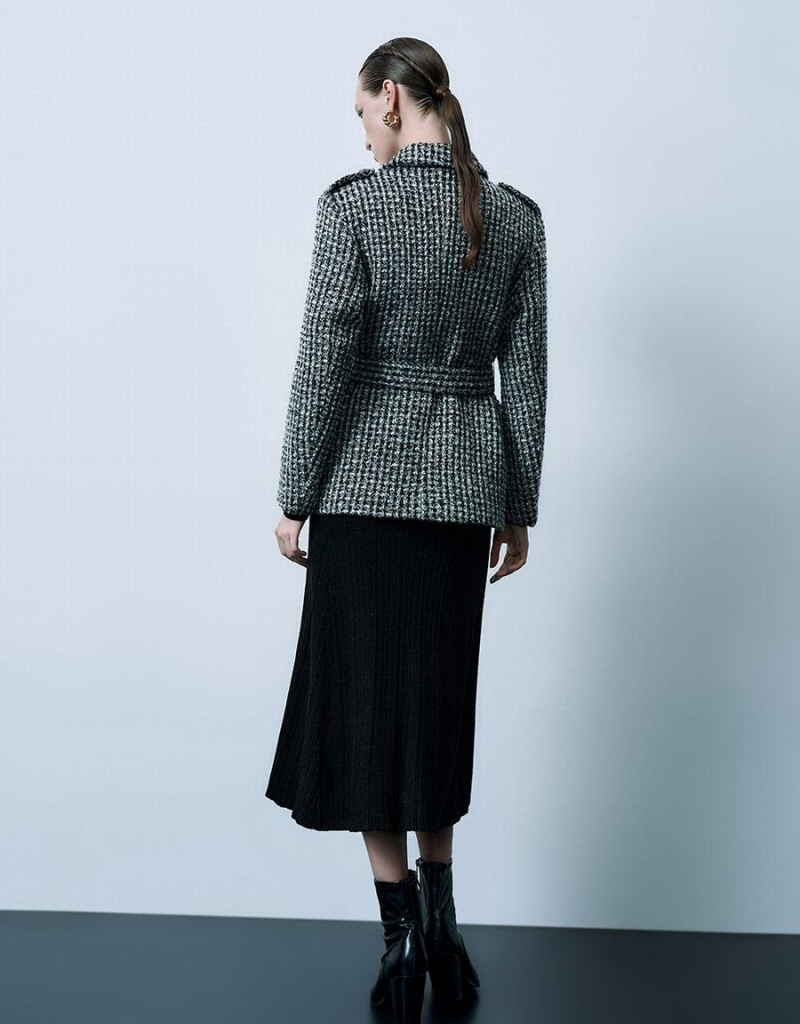 Chamarras Urban Revivo Notch Lapel Tweed With Belt Mujer Negros | KWT4488PJ