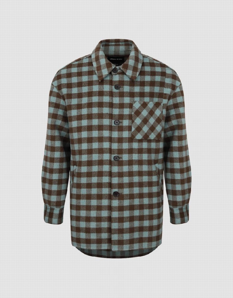 Chamarras Urban Revivo Plaid Directo Woolen Hombre Verdes | UXN181PP