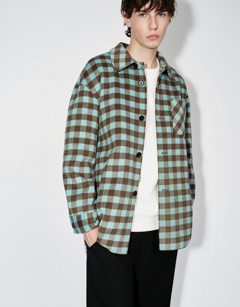 Chamarras Urban Revivo Plaid Directo Woolen Hombre Verdes | UXN181PP