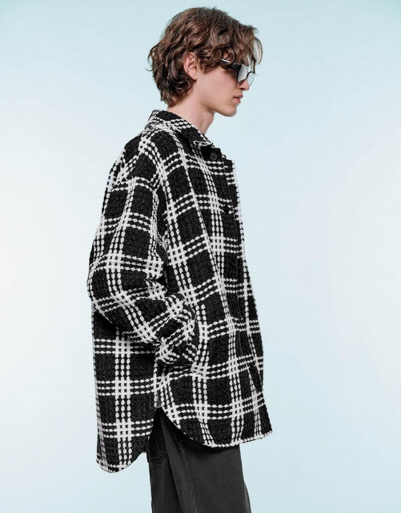 Chamarras Urban Revivo Plaid Loose Checkered Hombre Negros | CXD9280MB