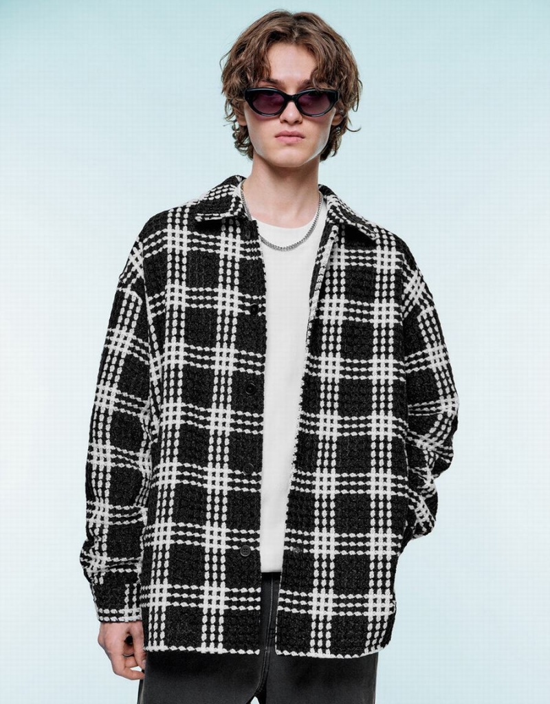 Chamarras Urban Revivo Plaid Loose Checkered Hombre Negros | CXD9280MB