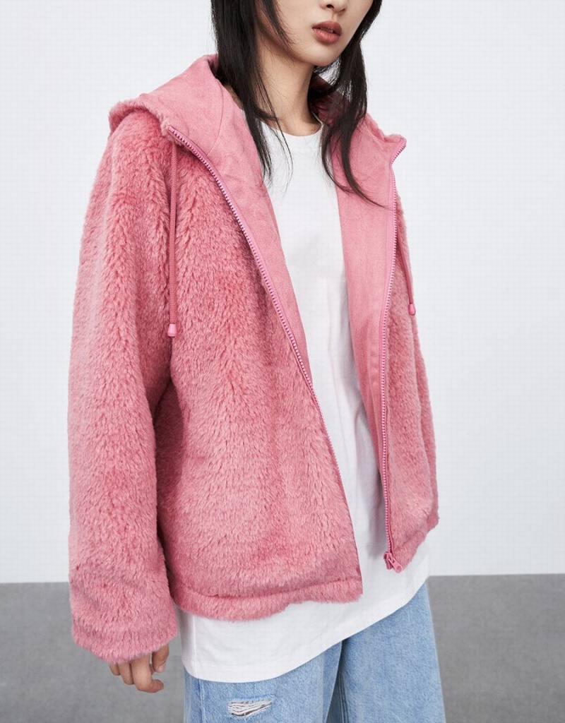 Chamarras Urban Revivo Raglan Sleeve Cremallera Front Furry Mujer Rosas | DSH6329SN