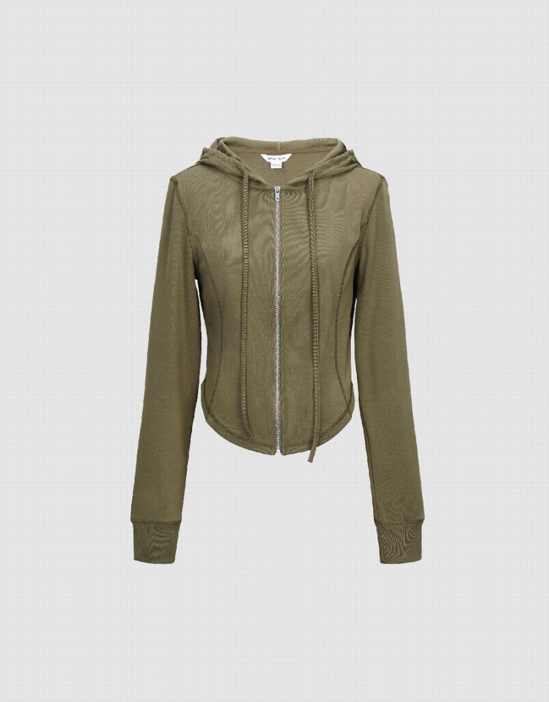 Chaqueta Con Capucha Urban Revivo Cremallera Front Flaco De Punto Mujer Verdes | AWD2111QB