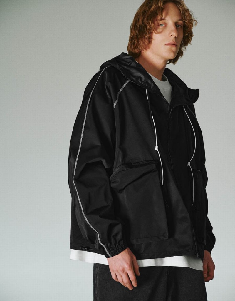 Chaqueta Con Capucha Urban Revivo Cremallera Front Oversized Hombre Negros | JPW4380PO