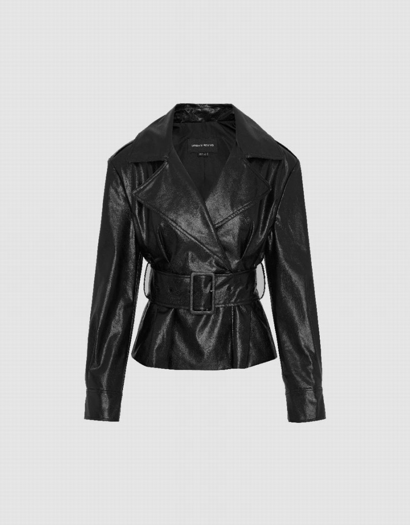 Chaquetas De Cuero Urban Revivo Vegan With Belt Mujer Negros | HIE3731KP