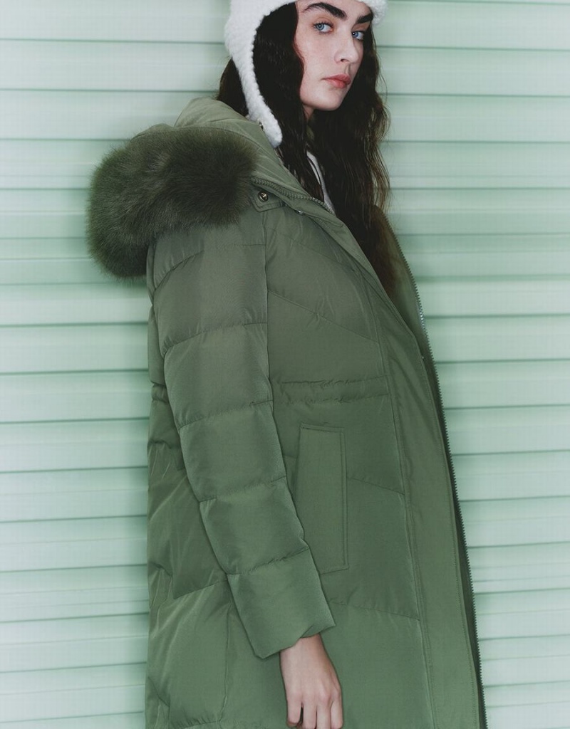 Chaquetas De Plumas Urban Revivo Encapuchado A-Line With Detachable Furry Collar Mujer Verdes | EVY4951IA