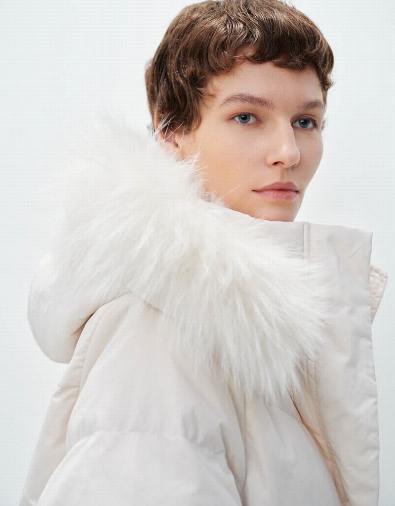 Chaquetas De Plumas Urban Revivo Hoodie With Furry Collar Mujer Blancos | EXA9211LG