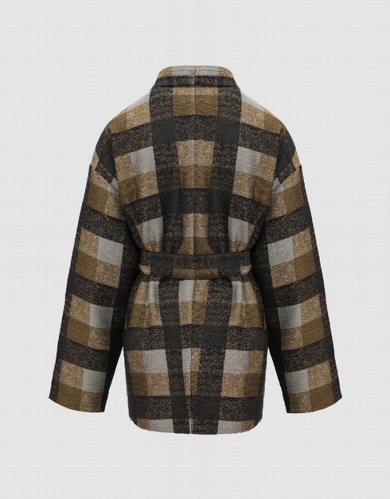 Chaquetas De Plumas Urban Revivo Plaid With Belt Mujer Kaki | NDV855TQ