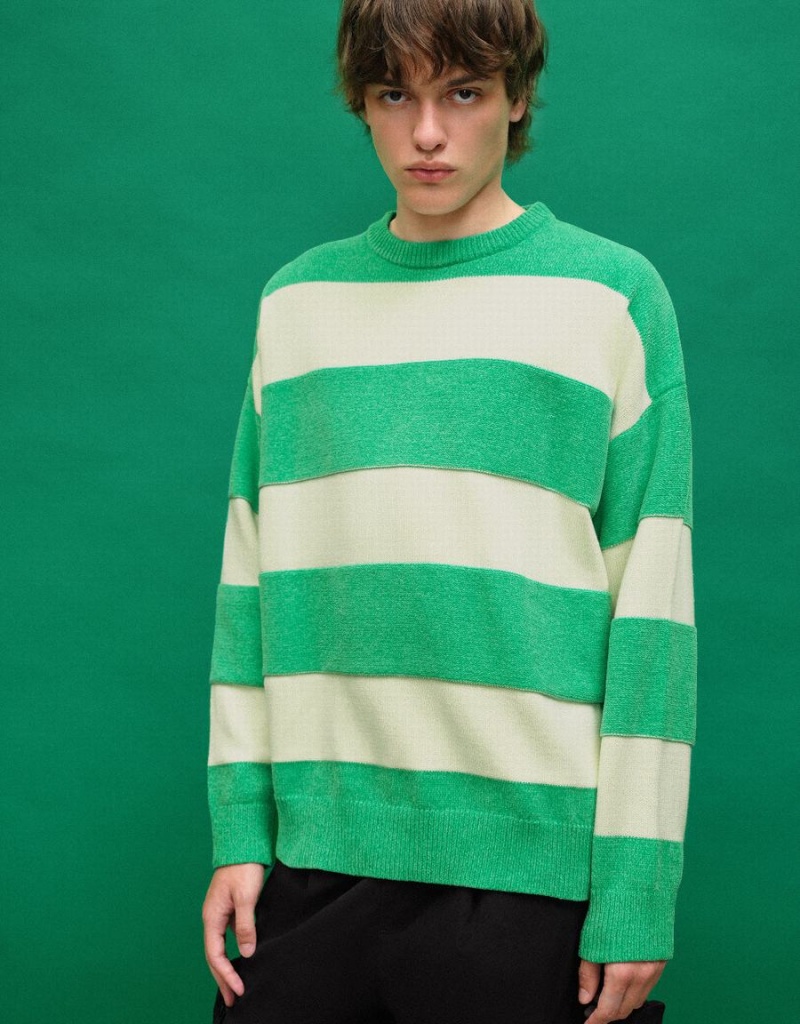 Cárdigan Urban Revivo A Rayas Crew Neck De Punto Hombre Verdes | AZL1327IN