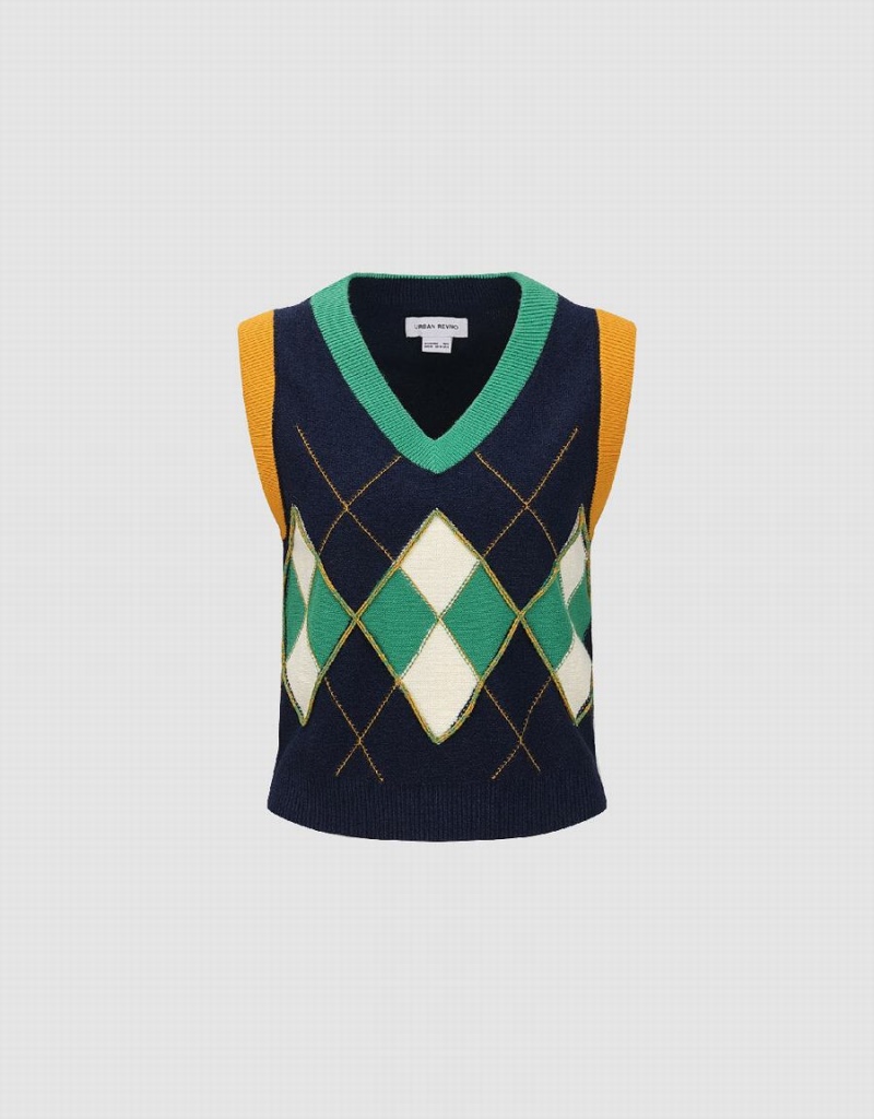 Cárdigan Urban Revivo Argyle Printed V-Neck De Punto Mujer Azules | HPU999DR